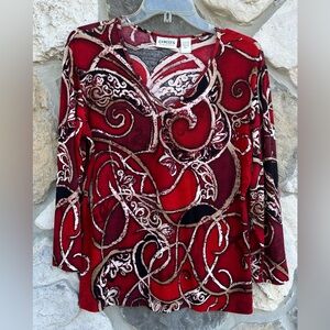 Chicos Travelers Blouse Top Sz 1 (MD) Red Slinky Knit Artsy Travel Everyday Wear
